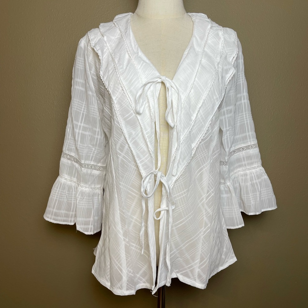 Simple Retro Edwardian Style Gauzy Cotton Coverup Tie-Front Size M